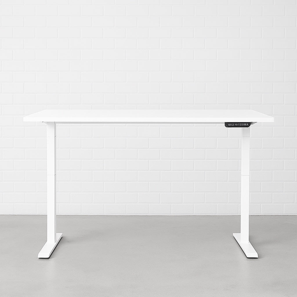 Weißer FLEX EHV-2 Schreibtisch mit elektrisch höhenverstellbarem Gestell und melaminbeschichteter Tischplatte