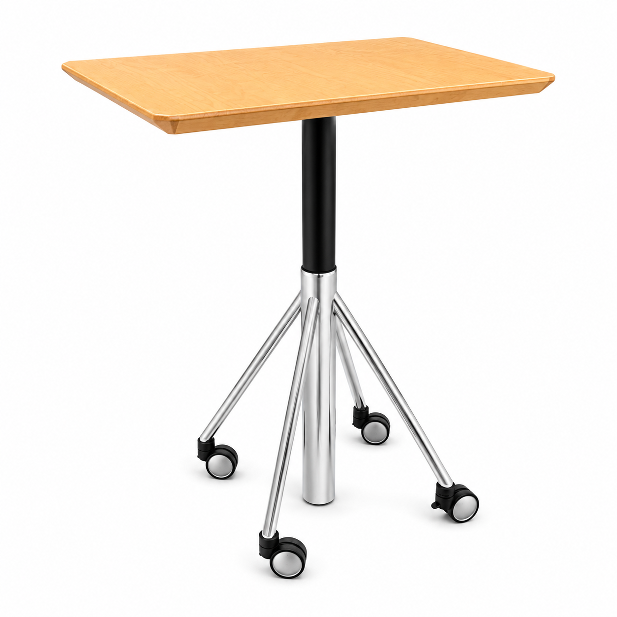Flextable H4 höhenverstellbar bord med ljus träskiva, svart pelare och kromad fot med hjul.