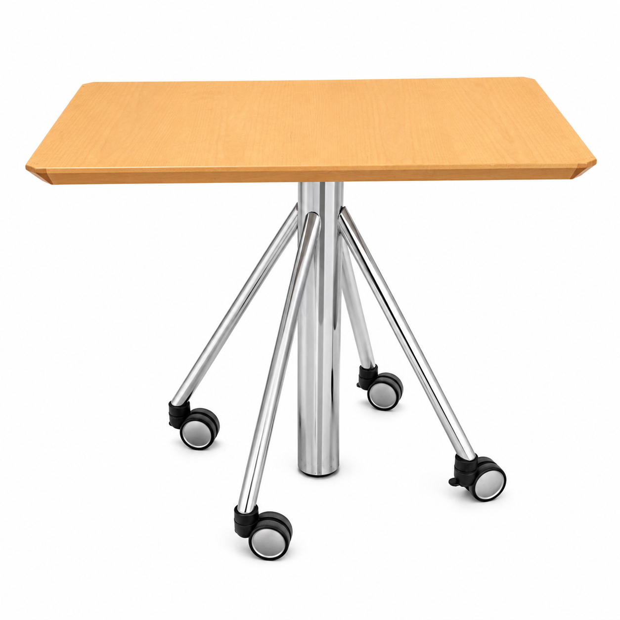 Flextable H4 höhenverstellbarer Tisch mit heller Holzplatte, silbernem Gasfedergestell und Rollen.