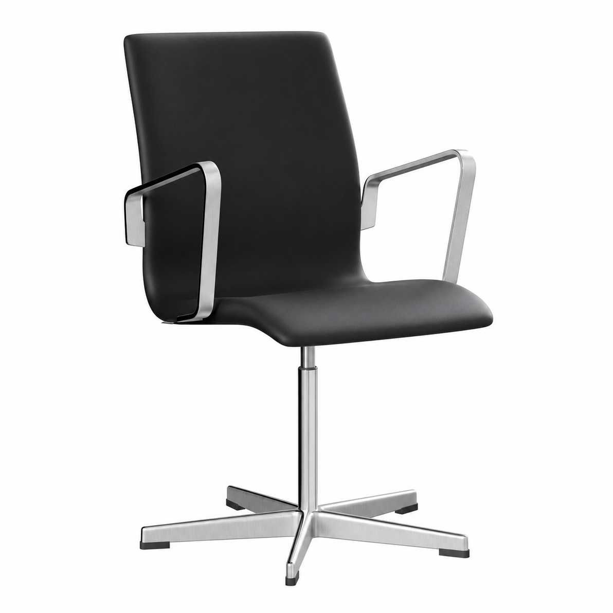 Fritz Hansen Oxford Konferenzstuhl mit schwarzem Lederbezug und satingebürstetem Aluminiumgestell, drehbar.