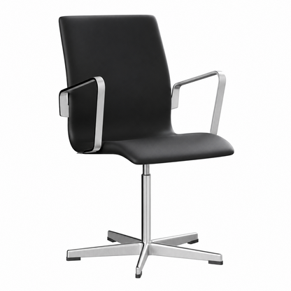 Fritz Hansen Oxford Konferenzstuhl mit schwarzem Lederbezug und satingebürstetem Aluminiumgestell, drehbar.