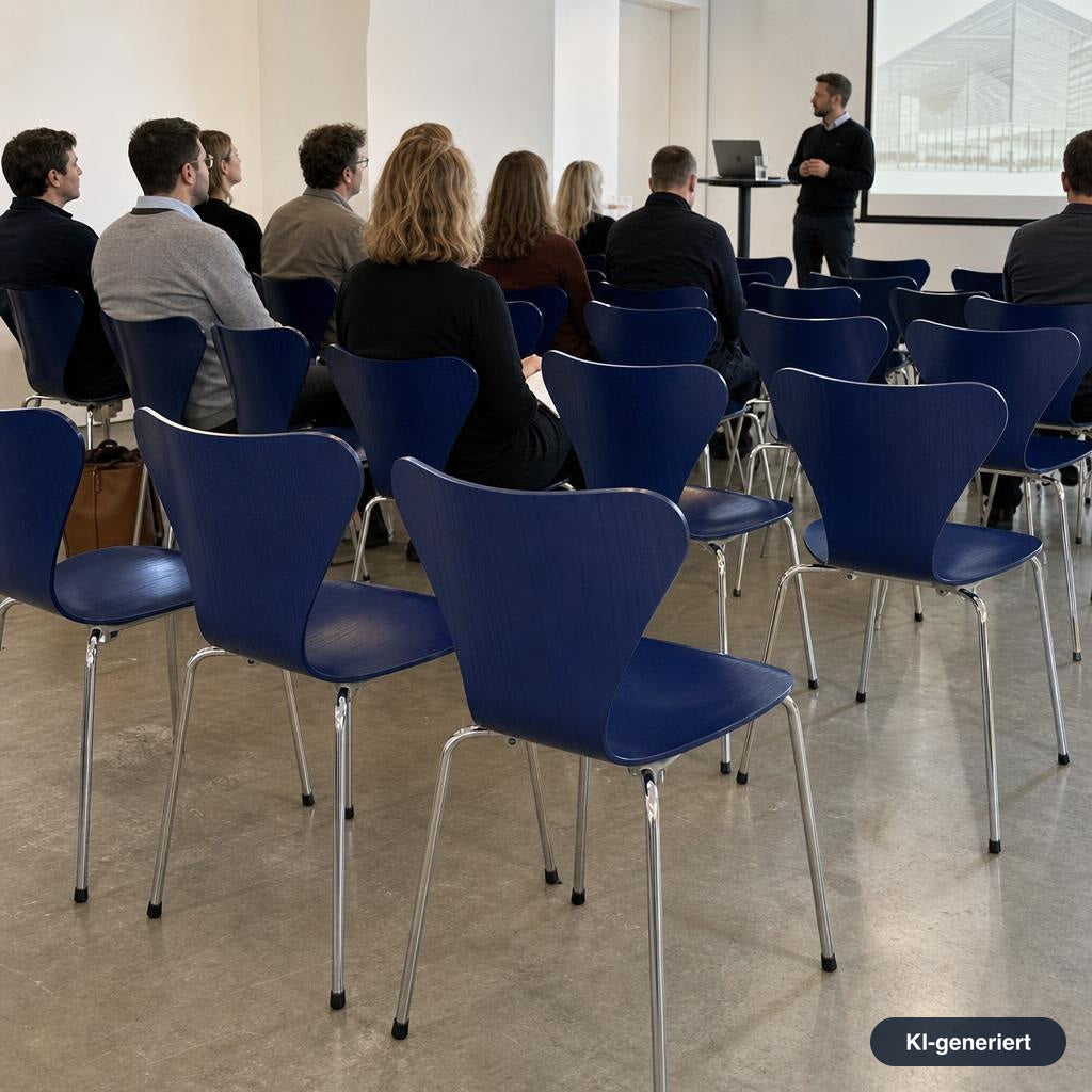 Blaue Fritz Hansen Serie 7 Stapelstühle mit Chromgestell in einem Konferenzraum mit Publikum.