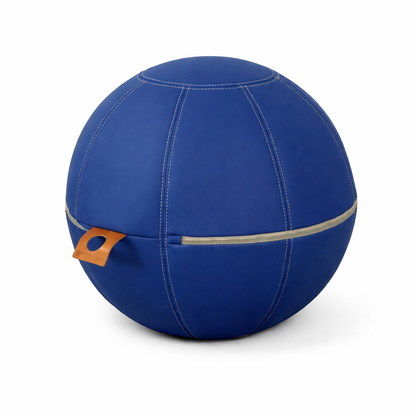 Götesons Office Ballz Sitzball, blauer Kunstleder-Sitzball mit beigem Reißverschluss und Zuglasche.