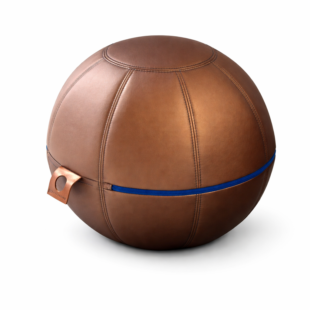 Götesons Office Ballz Sitzball aus bronzefarbenem Kunstleder mit blauer Naht und Trageschlaufe.