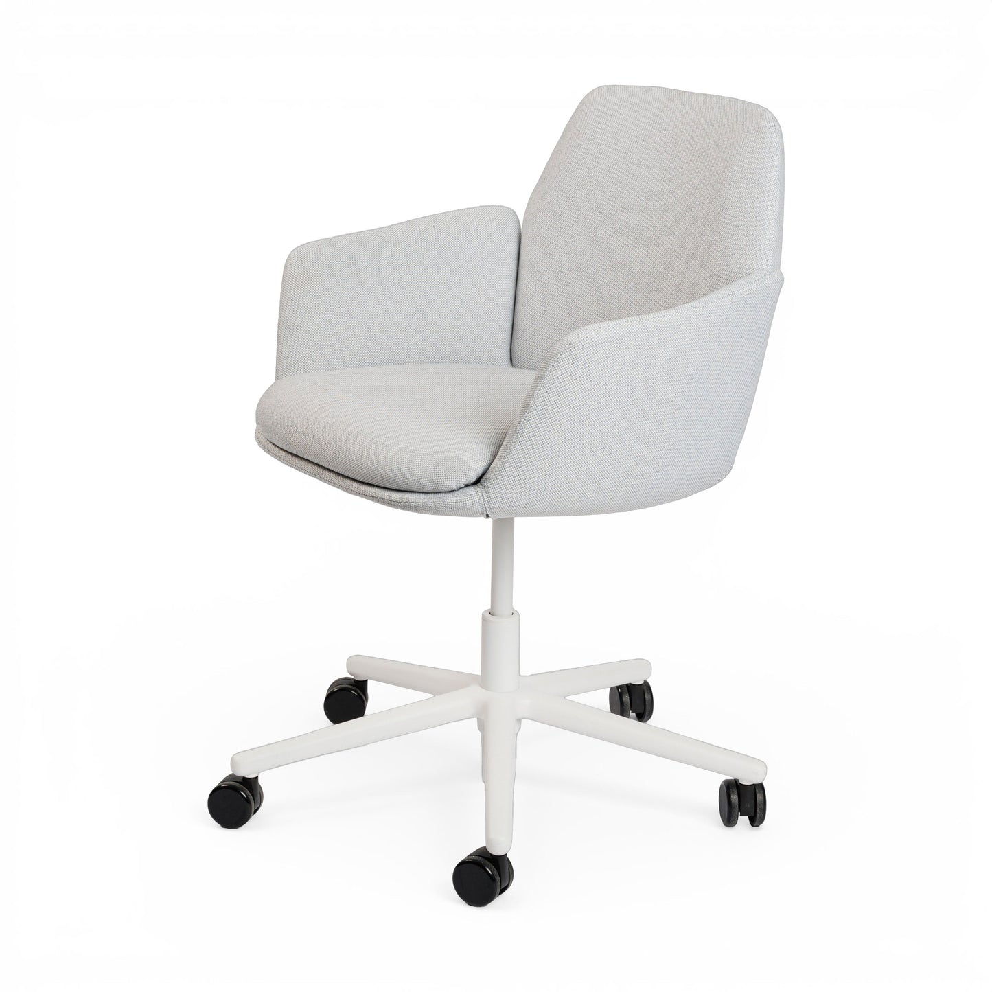 Haworth Poppy Conference Chair in hellgrau fabric with white 5-star base and black casters.