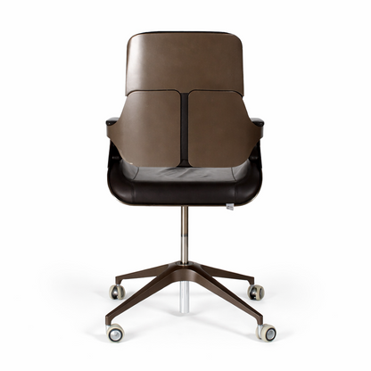 Interstuhl Silver 151S Bürostuhl, dunkelbraunes Leder, Aluminiumgestell, von hinten.