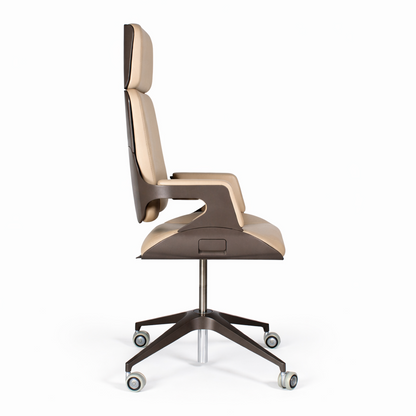 Interstuhl Silver 191S Bürostuhl, beige Leder, Aluminiumgestell, Seitenansicht.