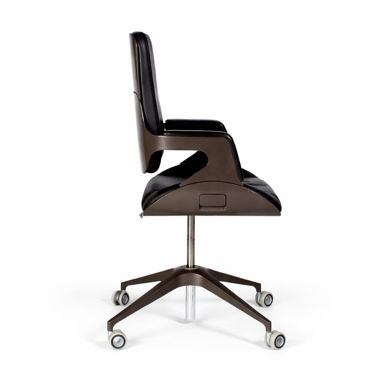 Interstuhl Silver 151S Bürostuhl, dunkelbraunes Leder, Aluminiumgestell, Seitenansicht.