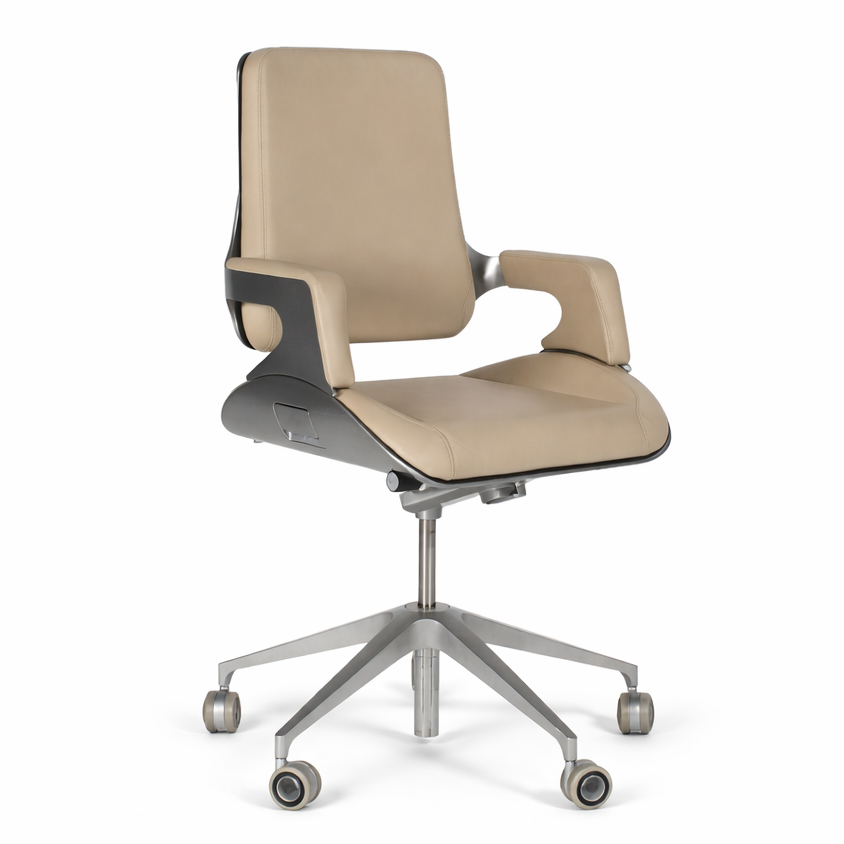 Interstuhl Silver 262S Bürostuhl mit beigem Lederpolster und gebürstetem Aluminiumgestell.