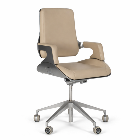 Interstuhl Silver 262S Bürostuhl mit beigem Lederpolster und gebürstetem Aluminiumgestell.