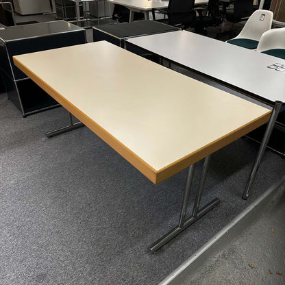 Cream beige Klapptisch 160x80cm folding table with metal legs and stabile metal hinges in used condition