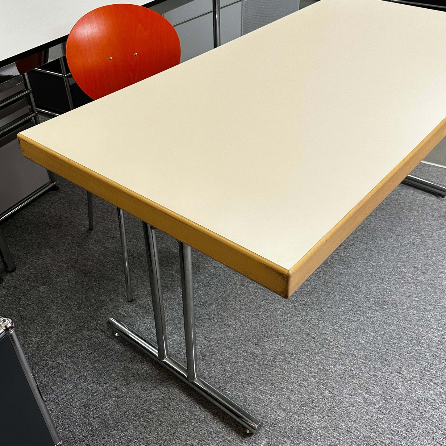 Foldable table Klapptisch 160x80cm with cremebeige top, metal hinges, and simple designer style
