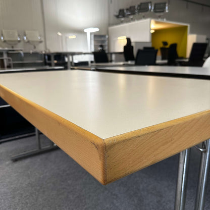 Klapptisch 160x80cm cream beige folding table with wooden edge and metal legs in used condition
