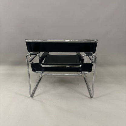 Knoll Wassily Chair with black leather seat and chrome frame viewed from front
