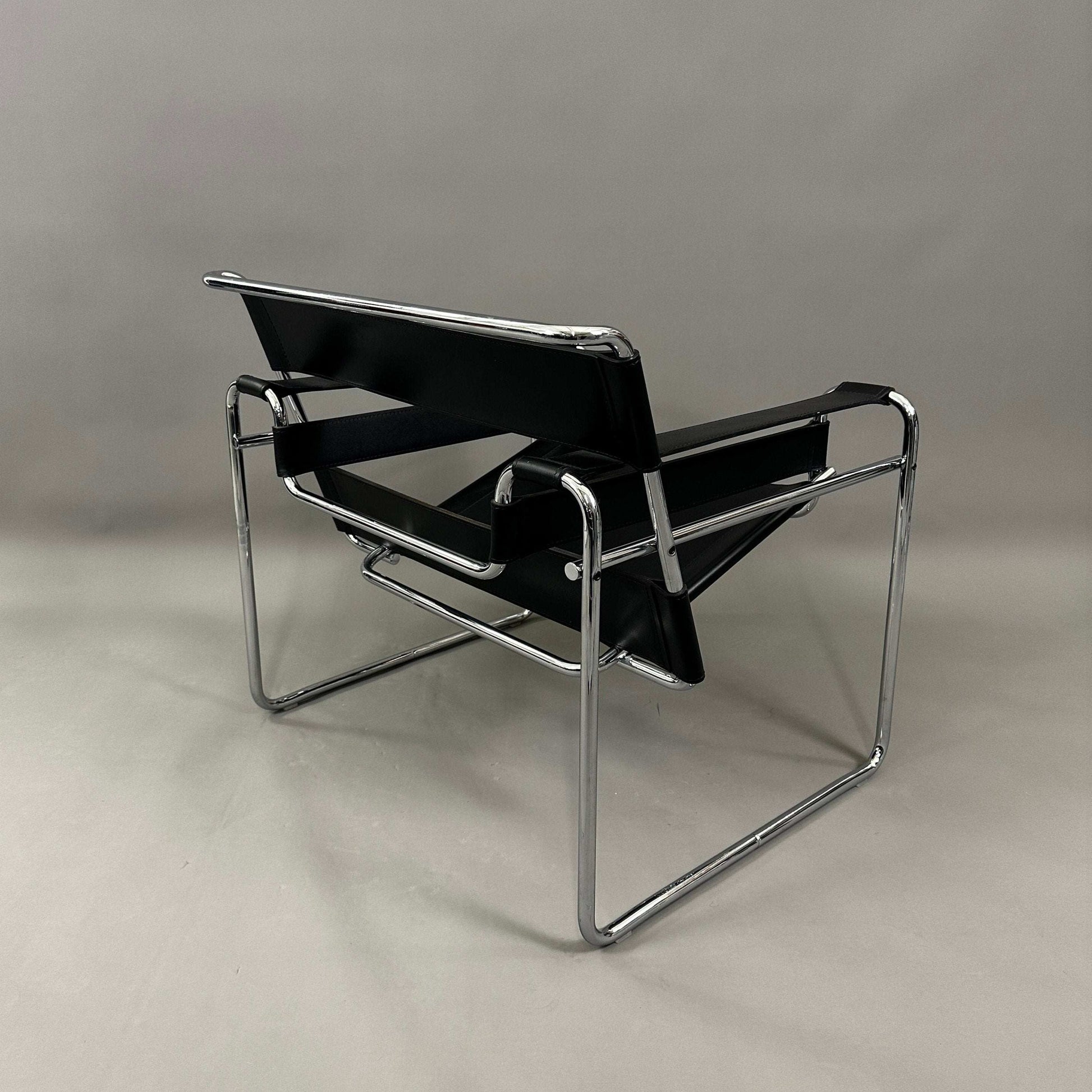 Knoll Wassily Chair with black leather seat and chrome frame designed by Marcel Breuer.