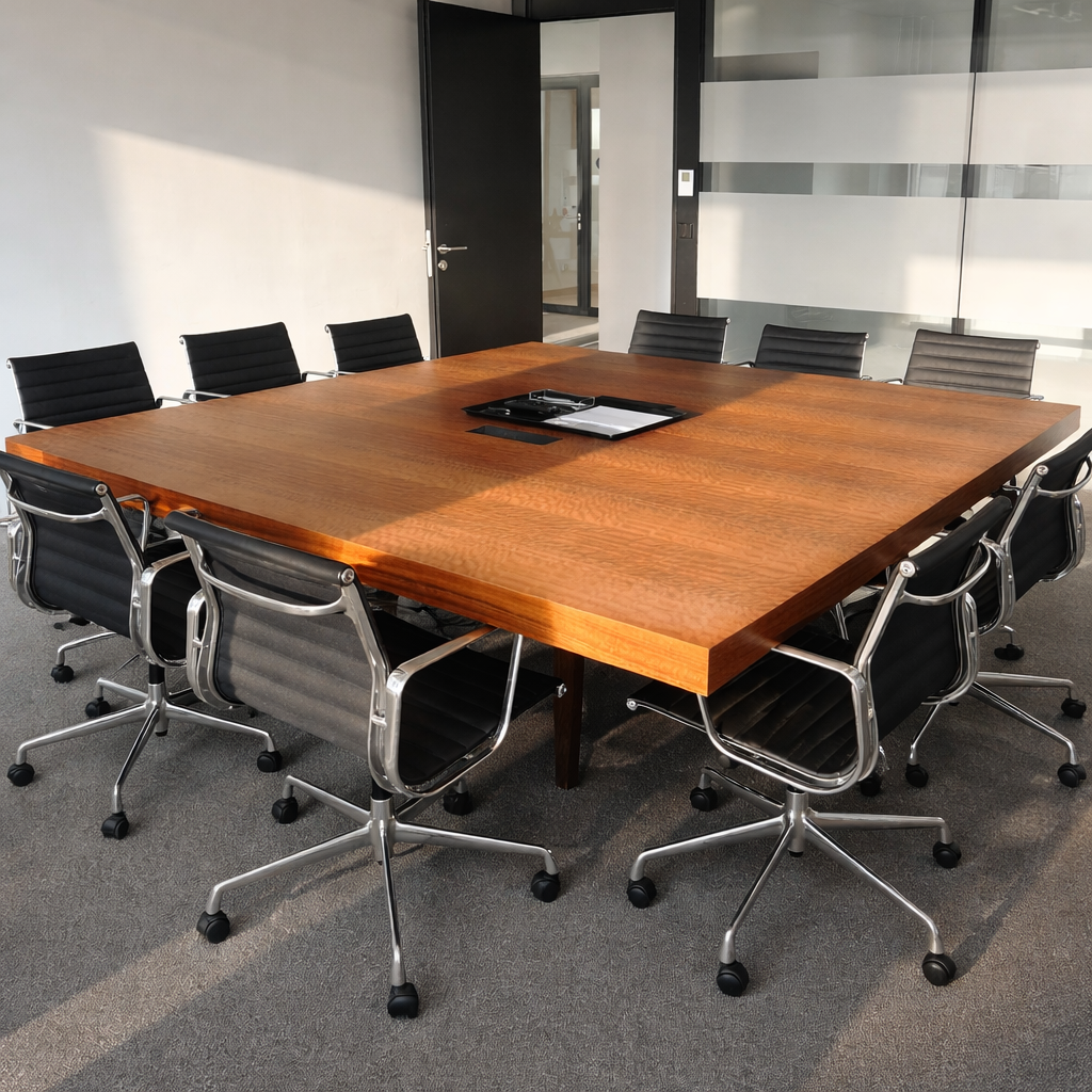 Quadratischer Konferenztisch aus Holz (240x240cm) mit 9 schwarzen Bürostühlen und Elektrifizierung.