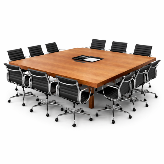 Quadratischer Konferenztisch aus Holz (240x240cm) mit 9 schwarzen Lederstühlen und Elektrifizierung.