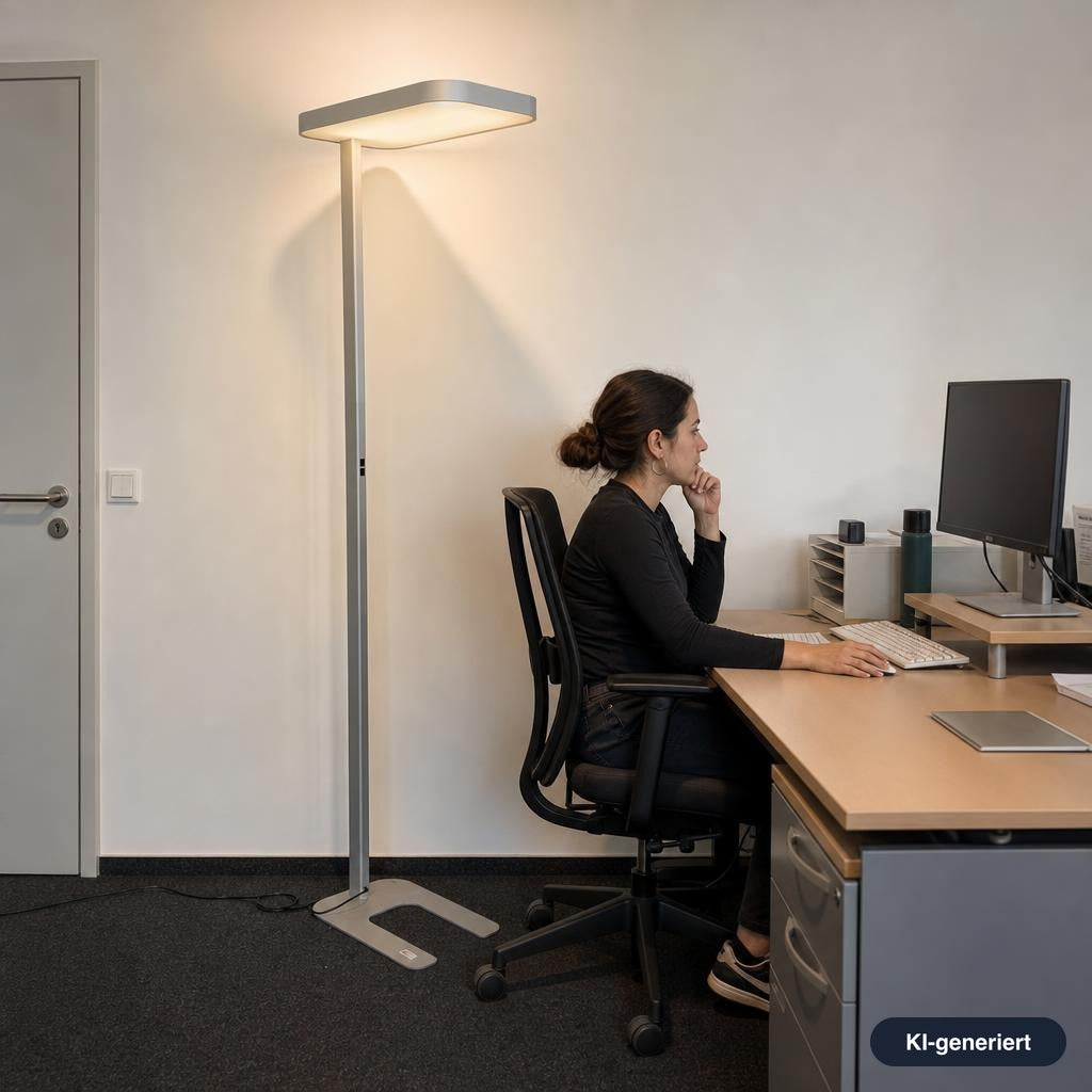 Silberne Molto Luce LED-Bürostehleuchte mit rechteckigem Kopf und U-förmigem Standfuß in einem modernen Arbeitszimmer.