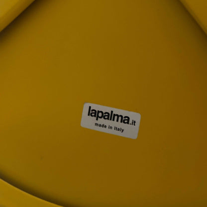 Close-up of yellow LaPalma Barhocker STIL S49 seat with brand label made in Italy
