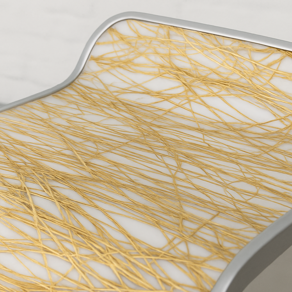 Close-up of LaPalma Barhocker LEM seat with clear epoxy and embedded bear grass detail