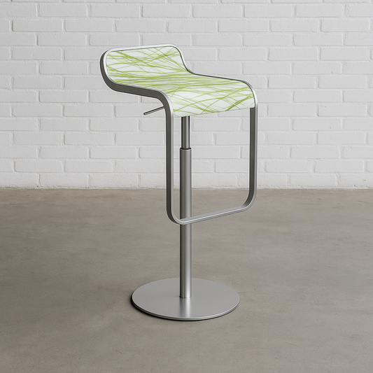 LaPalma Barhocker LEM white epoxy seat with green stick pattern, chrome frame, swivel and height-adjustable bar stool