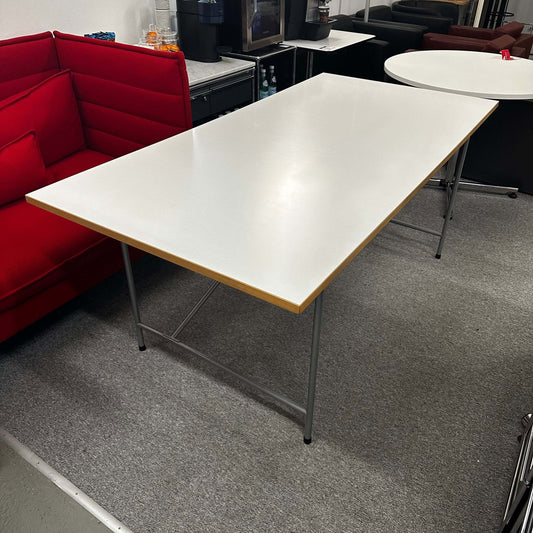 Lampert Eiermann table with silver frame and white oak top, manually adjustable height