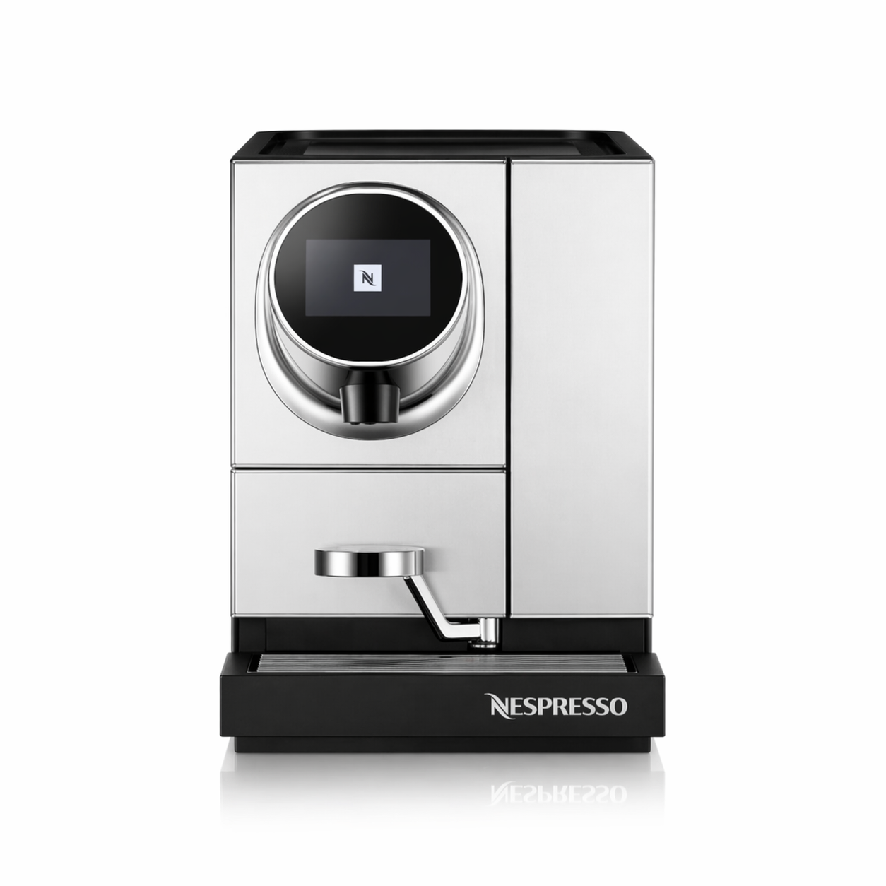 Nespresso Momento Business Kaffeemaschine aus silbernem Metall und schwarzem Kunststoff mit Touchscreen.