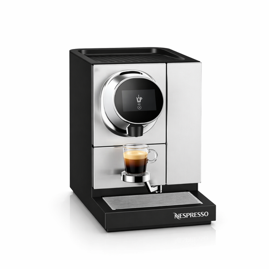 Nespresso Momento Business Espresso-/Kaffeemaschine aus schwarzem Kunststoff und silbernem Metall mit Display und Espresso in Tasse.
