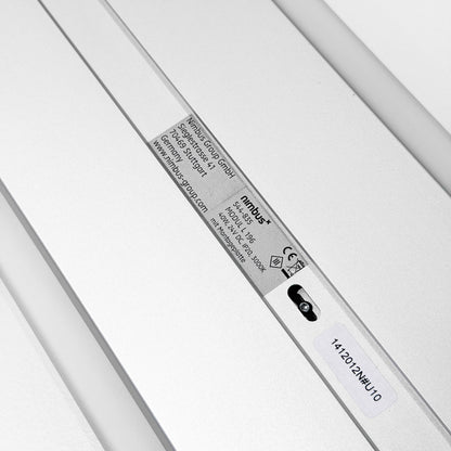 Nimbus LED Deckenleuchte L196, silbernes Aluminium-Profil mit Herstelleretikett.