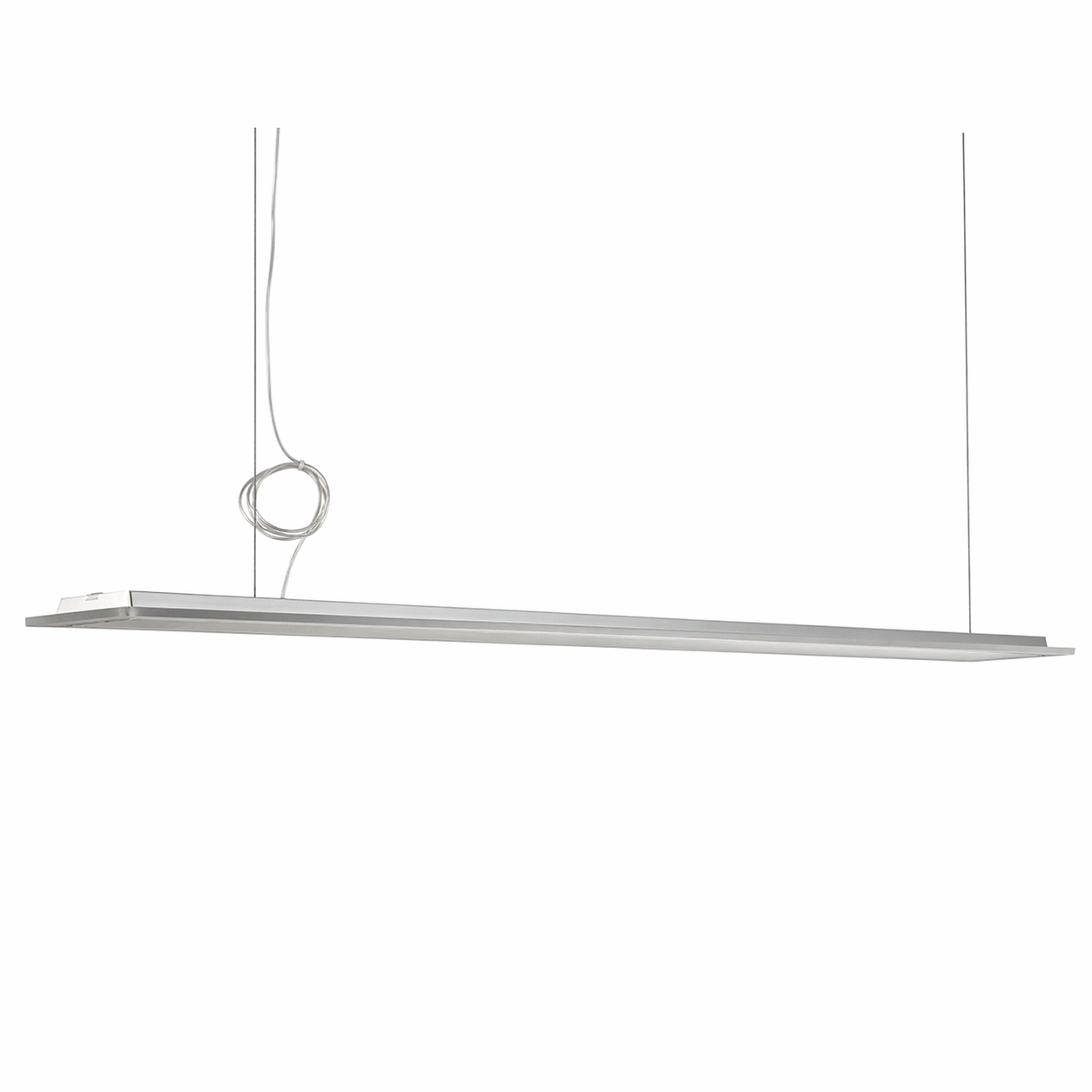 Silberne Nimbus LED Pendelleuchte L196 aus Aluminium mit mattiertem Acryl-Diffusor, 151cm lang.