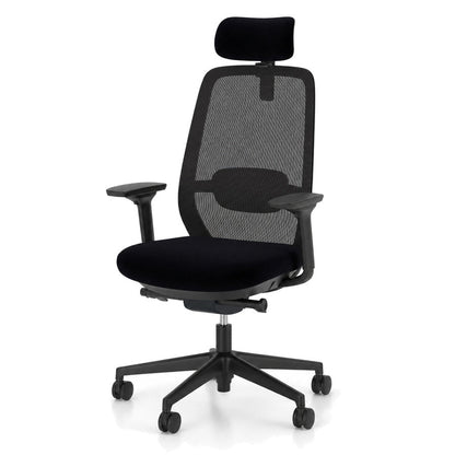 Schwarzer ergonomischer Bürostuhl NowyStyl Elovie mit Mesh-Rückenlehne, Kopfstütze, 4D-Armlehnen und gepolstertem Sitz.