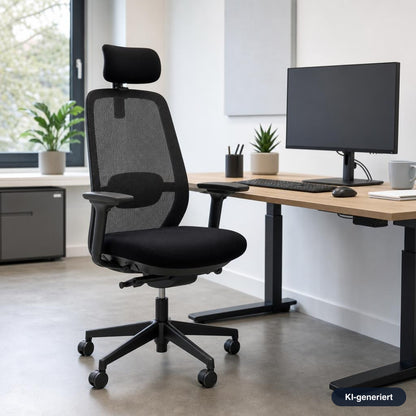 Schwarzer ergonomischer Bürostuhl Elovie mit Mesh-Rückenlehne, Kopfstütze und 4D-Armlehnen an einem modernen Schreibtisch.