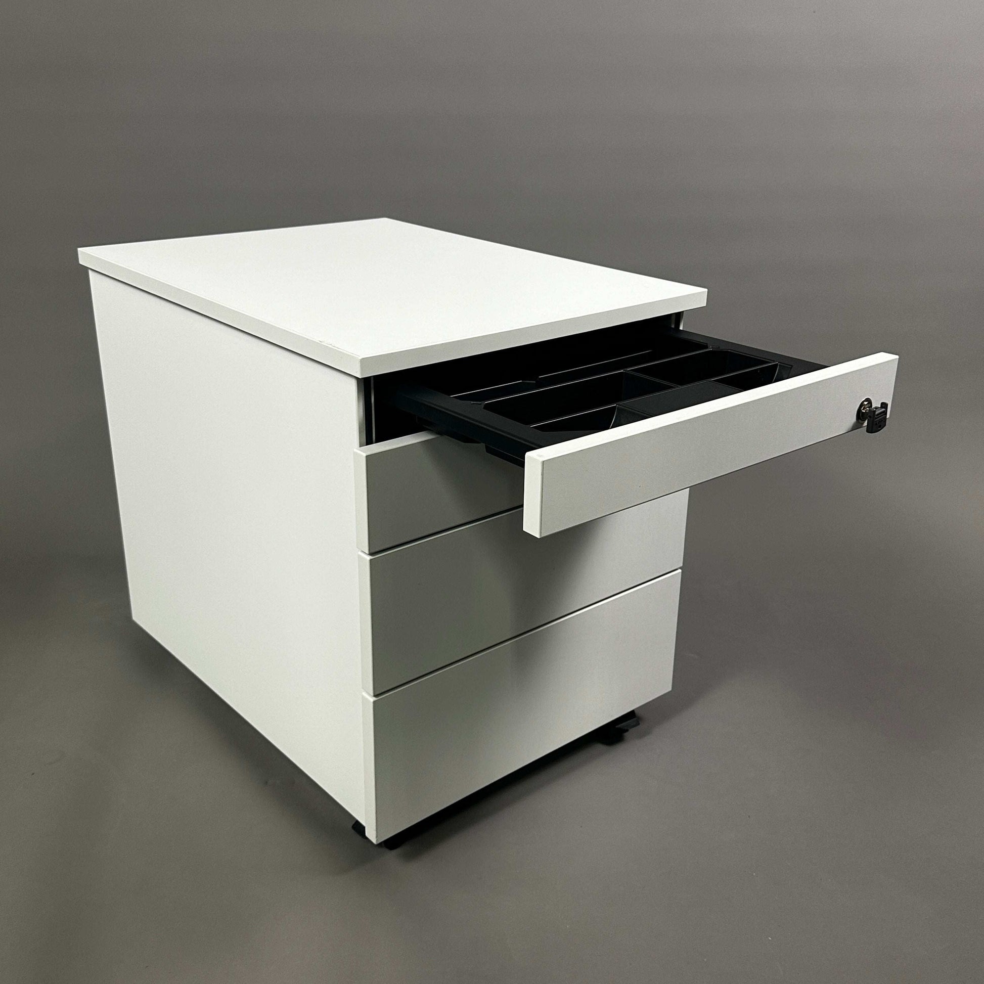 Weißer Ophelis Rollcontainer aus beschichtetem Holz mit vier abschließbaren Schubladen, Maße 56x45x60 cm