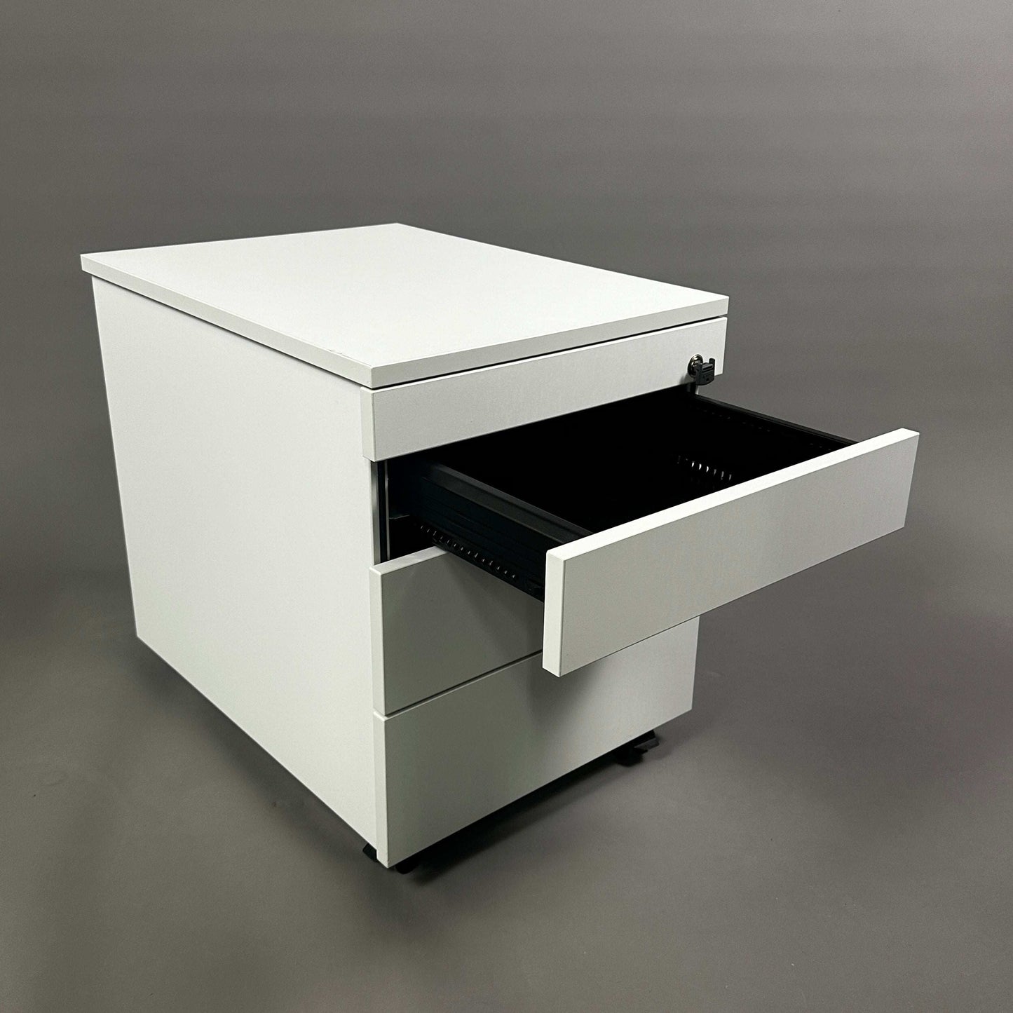 Weißer Ophelis Rollcontainer aus beschichtetem Holz mit 4 abschließbaren Schubladen geöffnet