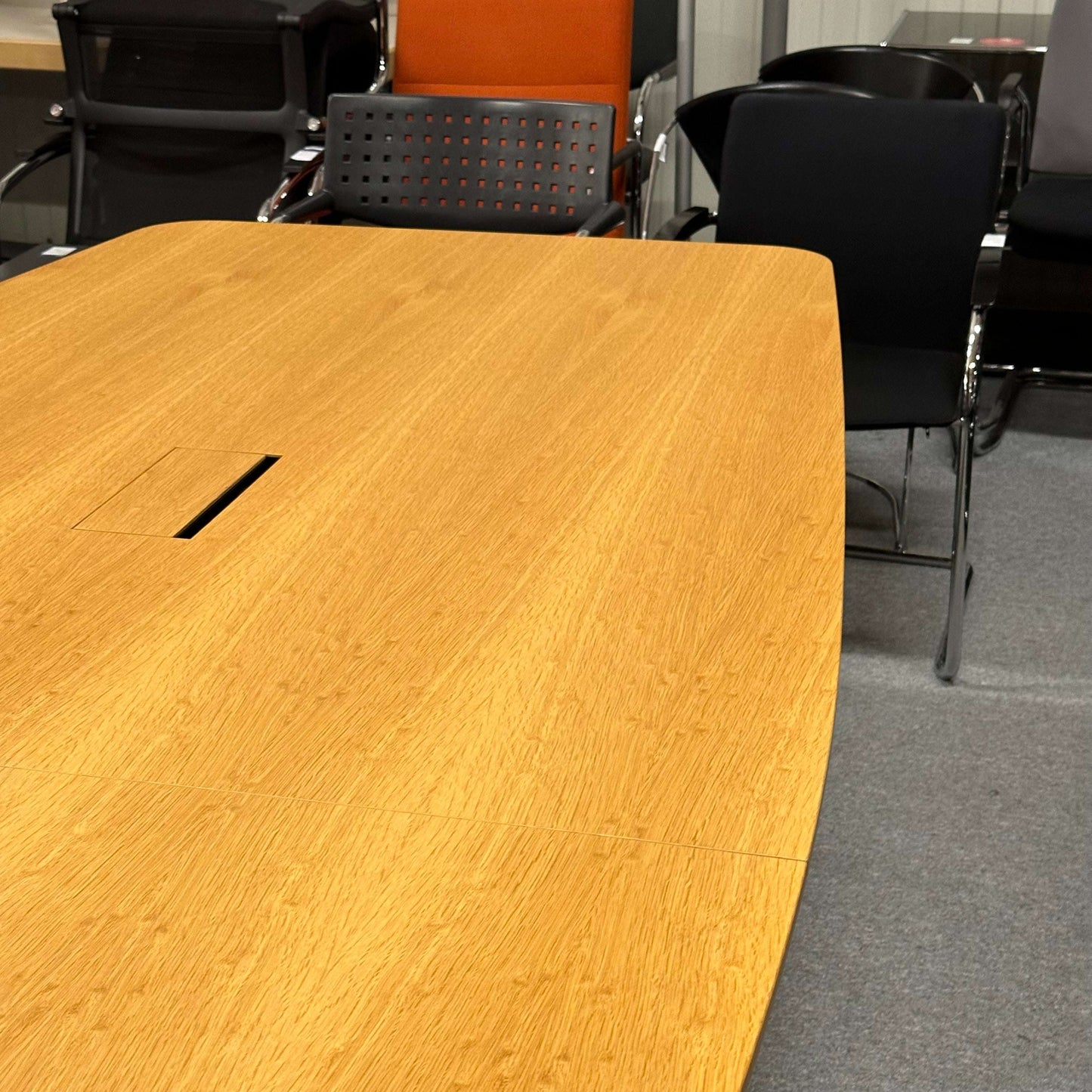 Renz Konferenztisch large wooden conference table 320x120cm with black and orange office chairs