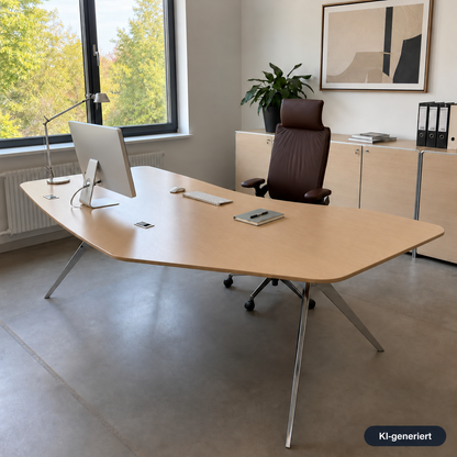Renz R17 Chefschreibtisch aus Eiche gebeizt mit verchromtem Gestell in einem modernen Büro mit braunem Ledersessel.