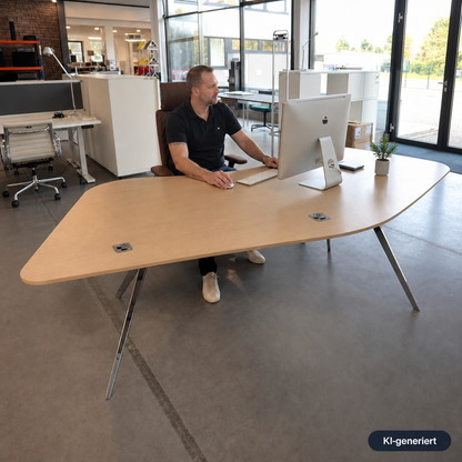 Renz R17 Chefschreibtisch aus Eiche mit organisch geformter Tischplatte und elegantem Chromgestell im modernen Büro.