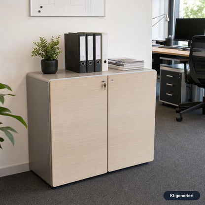 Renz Sideboard Star mit gebeizten Eichenfronten, abgerundeten Kanten und abschließbaren Türen im Büro.