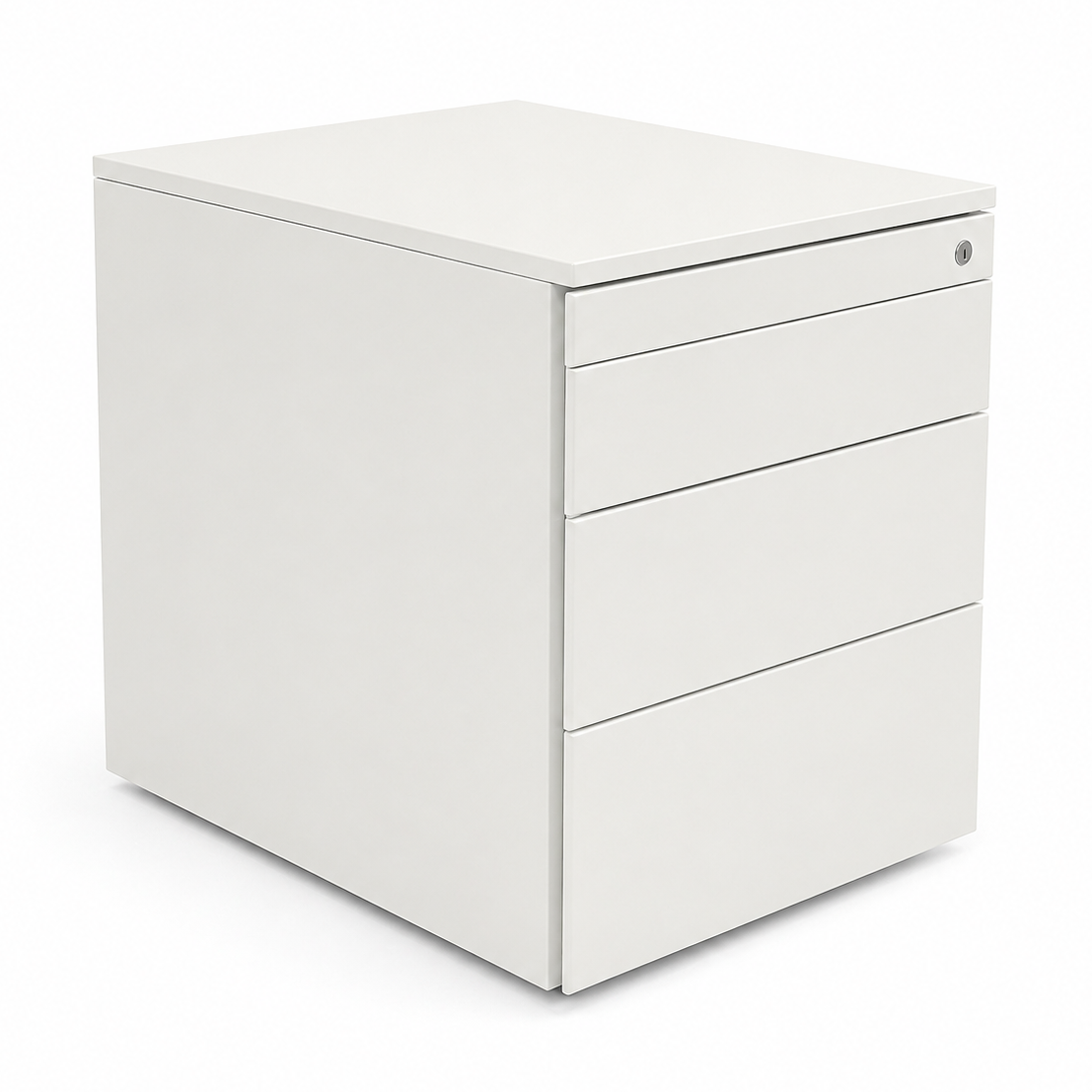 Weißer Rollcontainer mit 4 Schubladen, 60 cm Tiefe, modernes minimalistisches Design für das Büro.