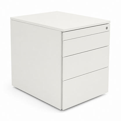 Weißer Rollcontainer mit 4 Schubladen, 60 cm Tiefe, modernes minimalistisches Design für das Büro.