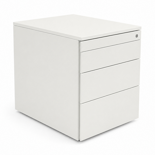 Weißer Rollcontainer mit 4 Schubladen, 60 cm Tiefe, modernes minimalistisches Design für das Büro.