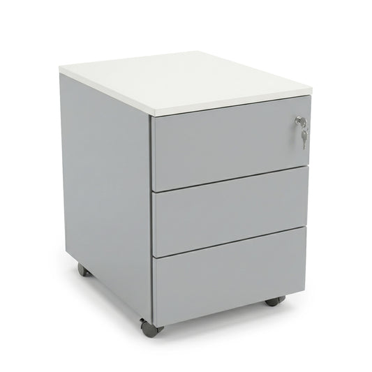 SSI Schäfer Rollcontainer mit 3 grauen Aluminium-Schubladen, weißer MDF-Platte und Rollen.