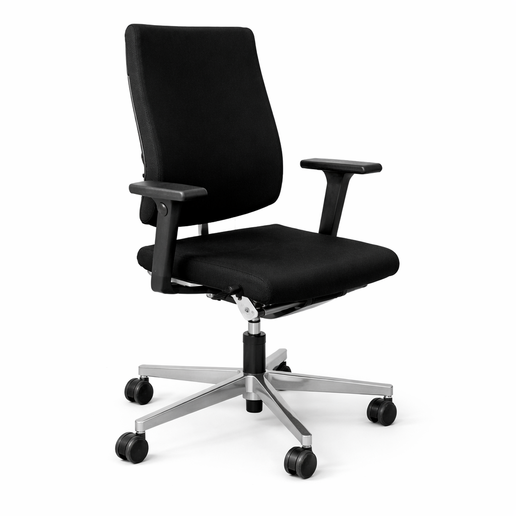 Sedus Black Dot Bürostuhl mit schwarzem Stoffbezug, poliertem Aluminiumgestell und Rollen.