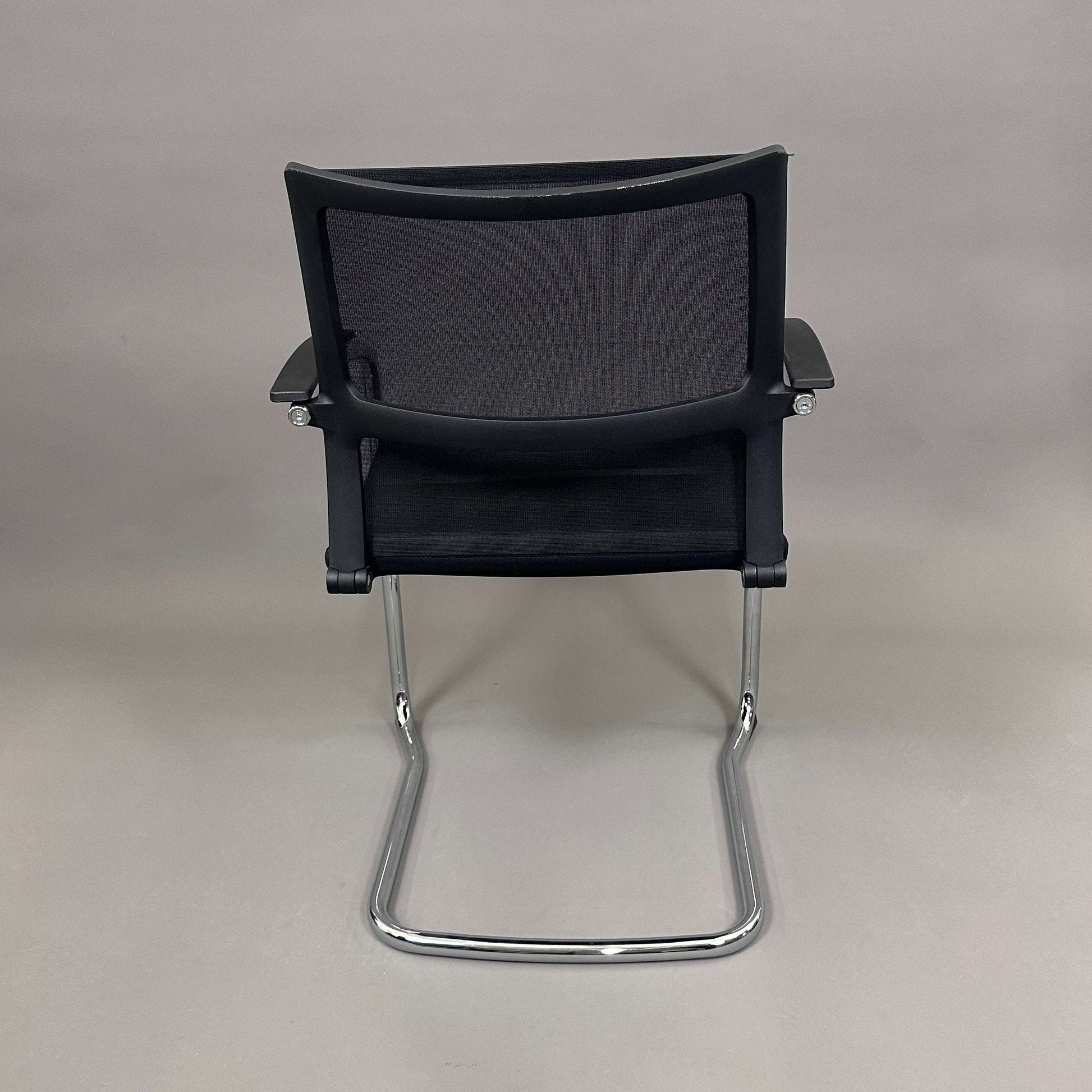 Sedus OpenUp Freischwinger chair with black mesh backrest and chrome cantilever frame viewed from the back