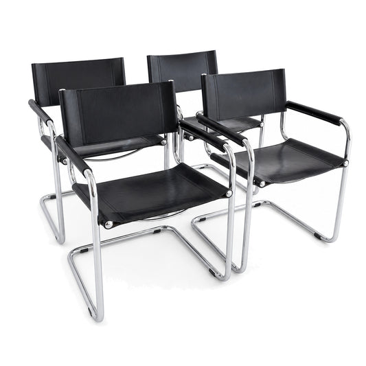 Set aus vier Fasem S34 Freischwingern mit schwarzem Lederbezug und verchromtem Stahlrohrgestell im Vintage-Design.