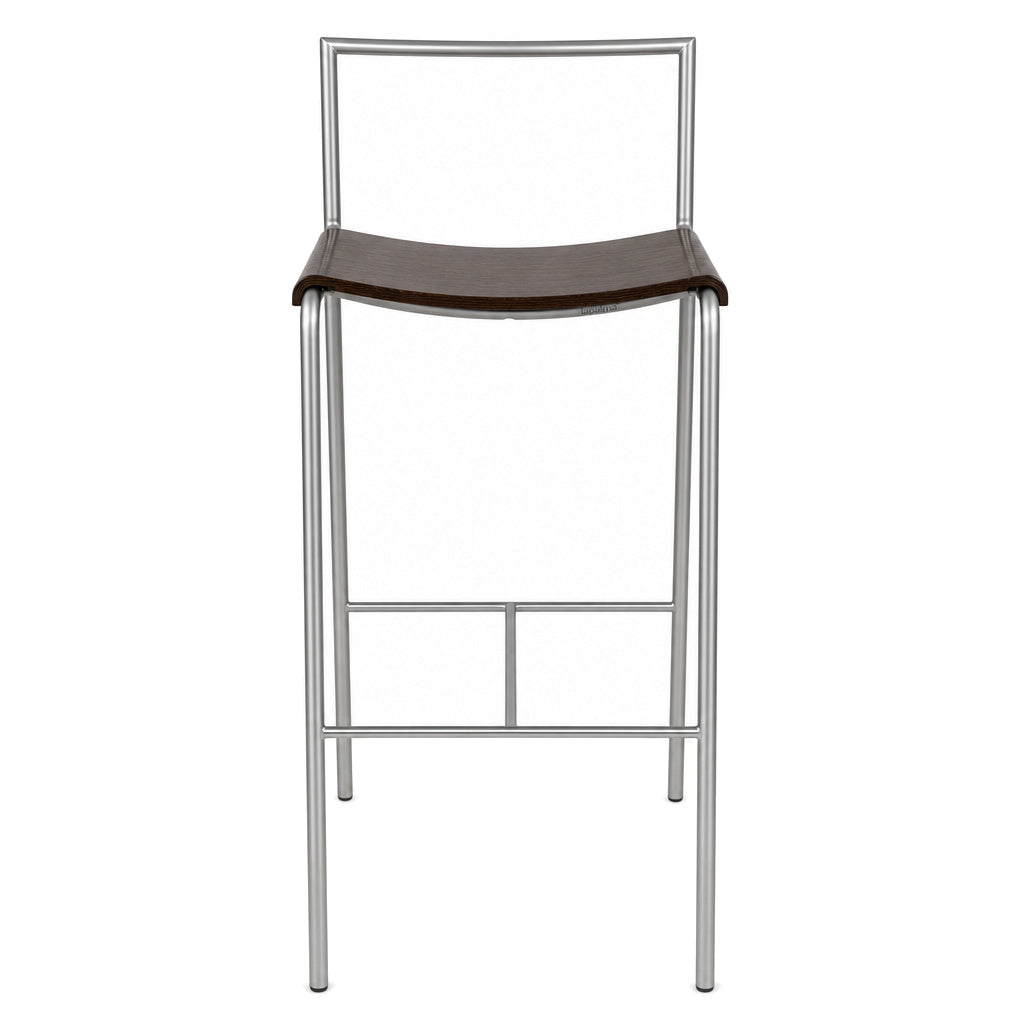 LaPalma Barhocker mit dunkler Holz-Sitzfläche und minimalistischem, silbernem Metallgestell im Set zu 5 Stück.