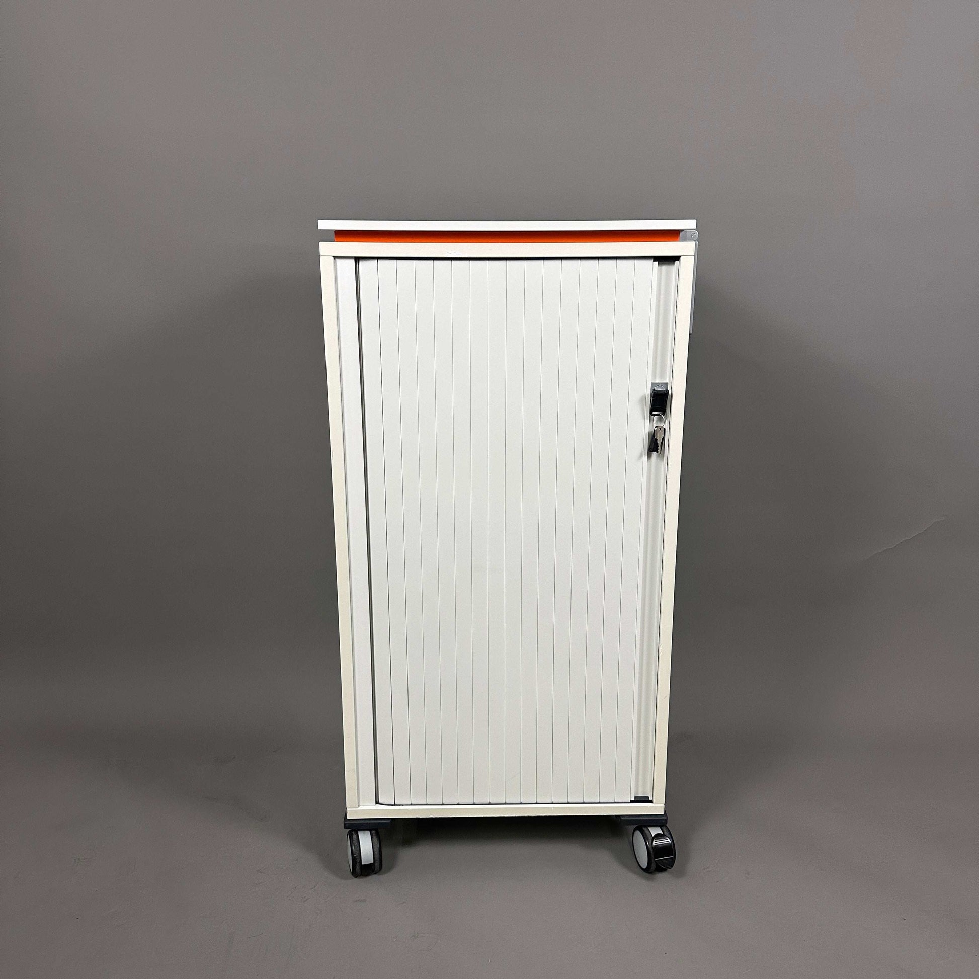 Weißer Steelcase Aktencaddy Rollschrank Moby 2 mit orangefarbenen Akzenten und Rollen, abschließbar, 107x51x43 cm