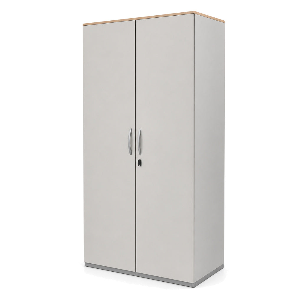 Grauer Steelcase Flügeltürenschrank mit Holzoptik-Oberplatte, 192 cm hoch, für 5 Ordnerhöhen.