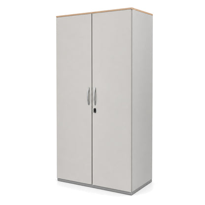 Grauer Steelcase Flügeltürenschrank mit Holzoptik-Oberplatte, 192 cm hoch, für 5 Ordnerhöhen.