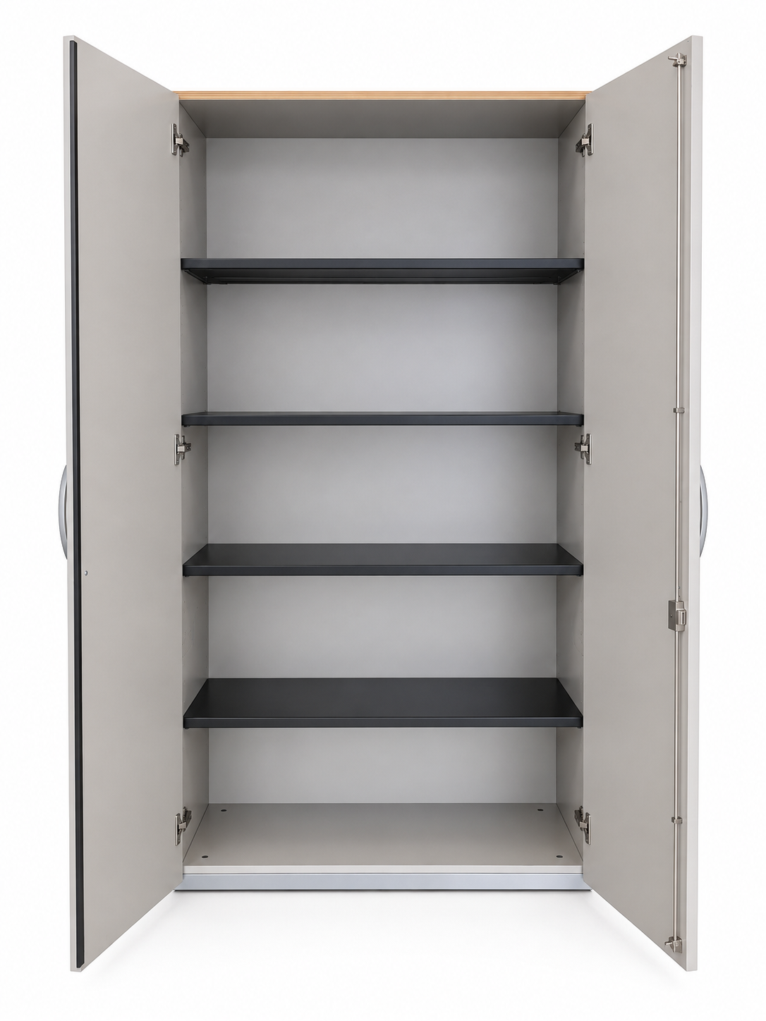 Grauer Steelcase Flügeltürenschrank mit 5 Ordnerhöhen, schwarzen Einlegeböden und Metallgehäuse, 100x46x192 cm.
